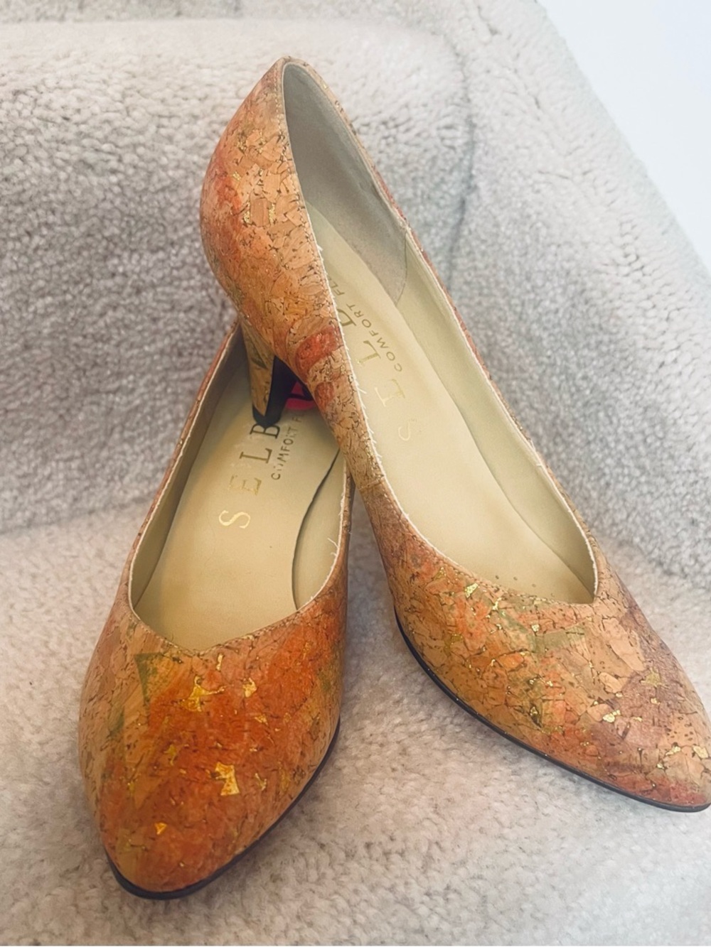 Selby Orange Cork-Style Pointed Toe Pumps with Gold Accents Kitten Cone Heel